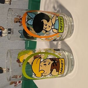 Vintage 80's Flintstone Kids Pizza Hut Glasses Cups Set of 2 Barney Bett…